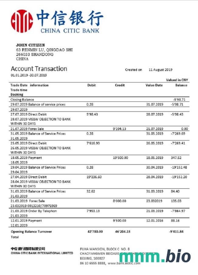 Wyciąg bankowy China Citic Bank Corp łatwy do wypełnienia szablon w formacie Excel i PDF